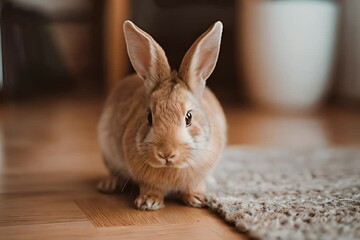 Wall Mural - A close-up of a tan rabbit on a wooden floor with a soft rug, looking curiously at the camera.