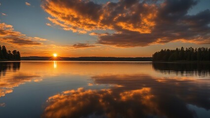 Canvas Print - sunset over lake a sunset over a lake with clouds reflecting the sun 