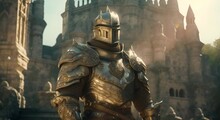 Knight In Medieval Armor Standing In Front Of The Castle.