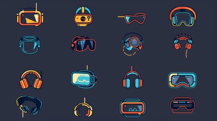 Wall Mural - Collection of modern flat line design elements featuring thin line icons showing virtual reality innovation technologies, including AR glasses, head-mounted displays, VR gaming, and tracking devices