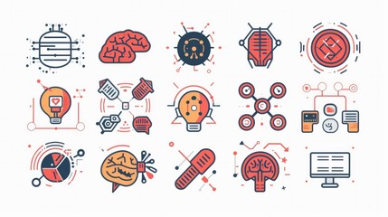 Wall Mural - Stroke line icons set representing future technology and AI innovations for humans