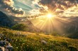 A majestic mountain peak basks in the golden glow of the sun peeking through fluffy clouds, surrounded by a vibrant landscape of blooming flowers and lush green fields