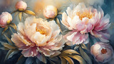 Fototapeta Kwiaty - Beautiful digital illustration close up of bright colourful peonies flowers, oil painting floral bouquet