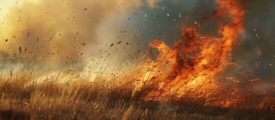 Wall Mural - A wildfire is aggressively consuming a field filled with dry grass. The flames are intense and spreading rapidly, fueled by the wind. The scene depicts the destructive power of elemental forces in