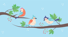 Vector Illustration Of A Branch With Adorable Birds. Cartoon Scene Of A Tree Branch With Green Leaves, Red Berries And Cute Birds In Different Poses And Emotions Isolated On A Blue Background.