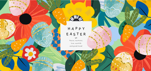 Happy Easter! Vector cute naive simple gouache illustrations of Easter eggs,  carrot, abstract pattern, flowers, plants for greeting card, invitation, banner or background