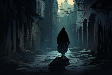 A cloaked figure is walking down a dark and ominous alleyway, surrounded by shadows and mystery. The persons movements are shrouded in secrecy as they navigate the eerie environment