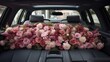 © Viktoriia Kan - arrangement of flowers on the wedding car, flowers in the car interior, they are arranged neatly and securely attached.