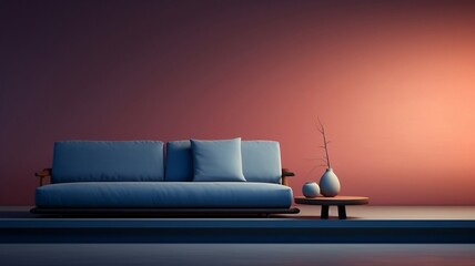 Wall Mural - Blue Couch on Wooden Floor with Pink Wall
