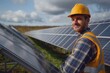 Portrait of a young male engineer or architect at a solar panel farm. The concept of clean energy
