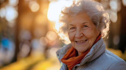 Wall Mural - Portrait of the elderly female pensioner, old woman with gray hair wearing a jacket, walking outdoors in the sunny autumn, summer or spring morning, looking at the camera and smiling.Healthy lifestyle