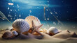 Underwater serenity with shells. Shells and a starfish rest peacefully on sand in underwater with light and bubbles, beauty of marine life. Banner with copy space