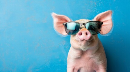 Wall Mural - Pig with a sense of style  cute swine in sunglasses on pastel background with copy space