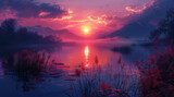 an art print of a painting of a lake and vegetation on, in the style of soft gradients, romantic illustration, light violet, 8k resolution, fictional landscapes, smokey background, light red and sky-b