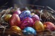 A close-up of glittering, brightly colored Easter eggs nestled in a cozy bed of hay suggesting joy and festivity