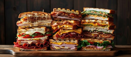 Wall Mural - A tempting display of multi-fillings club sandwiches stacked on a rustic wooden cutting board, showcasing layers of assorted ingredients like lettuce, tomato, bacon, cheese, and sliced meats.