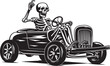 Ghostly Gear Skeleton Riding Car Vector Logo Bone Burner Skeleton Driving Car Graphic