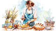 watercolor illustration young woman cook baking 
