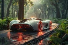Bright future: advanced car prototypes on forest roads in sunlight