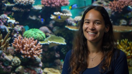 Wall Mural - Smiling woman in front of a vibrant coral reef aquarium