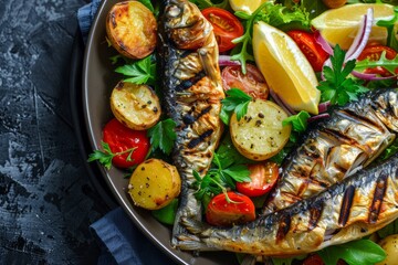 Canvas Print - Close up overhead view of grilled sardines roasted potatoes and fresh vegetable salad on a plate