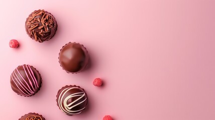 Wall Mural - Assorted luxury chocolates on a pink backdrop with raspberries