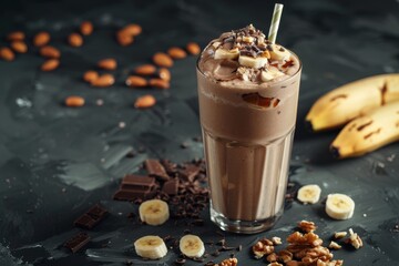 Sticker - Dark background with chocolate milkshake smoothie containing banana protein and nuts