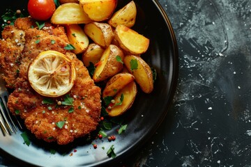 Wall Mural - Dark plate with schnitzel and fried potatoes top view