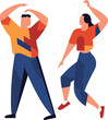 Man and woman dancing joyfully, colorful casual clothes. Happy couple enjoying dance, smiling figures. Dance party, fun leisure activity vector illustration.