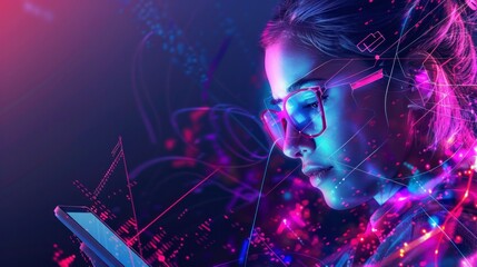 woman with glasses concept innovation, technology, futuristic, neon, woman, change, modern, rebuild, reform in high definition and alt quality, woman with glasses