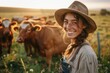 Farmer woman with cattle wearing a smile outside