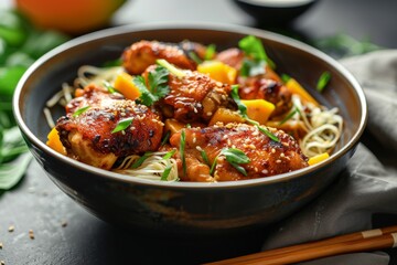 Canvas Print - Front view of wok prepared fried chicken with mango coconut noodles