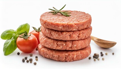 Wall Mural - Stack of fresh raw burger patty isolated clipping path white background