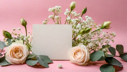 Wall Mural - Composition with blank card and delicate flowers on pink background