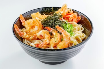 Canvas Print - Isolated udon ramen with shrimp tempura on white background