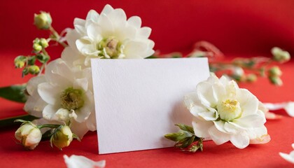 Wall Mural - Composition with blank card and delicate flowers on red background 