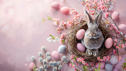 Happy Easter day decoration colorful eggs in nest, Easter bunny in a basket with colorful easter eggs. pink background with copy space.