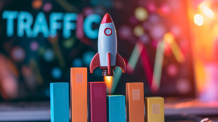 Rocket flying over the colorful graphs and charts representing SEO, or search engine optimization and traffic, empty office interior. Website ranking online, statistics and analytics, success boost