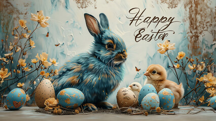 Wall Mural - Happy Easter bunny with easter eggs and a cute easter baby chicken and flowers on a turquoise background