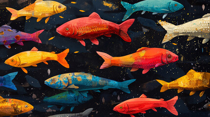 Wall Mural - A poster design shows lots of vibrant colorful fish in various colors. In the style of pattern-based painting.