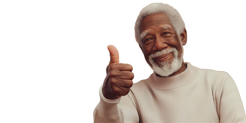 Aged good looking smiling senior black grandpa with the thump up isolated on transparent background, retirement promo concept for old man