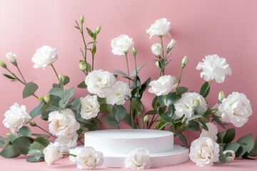 Wall Mural - plaster podium pink background and lovely eustoma
