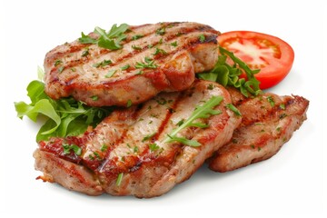 Wall Mural - Pork cutlets with salad and tomato slices isolated on white