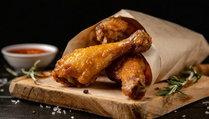 Wall Mural - Fried chicken legs and wings in paper packaging, rustic wooden kitchen board, with isolated black background top new	
