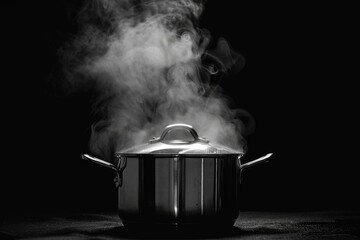 Pot steaming on dark backdrop