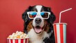 Funny bernese mountain dog movie lover with 3d glasses, popcorn and soda. Red background.