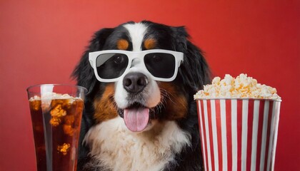 Wall Mural - Funny bernese mountain dog movie lover with 3d glasses, popcorn and soda. Red background.	
