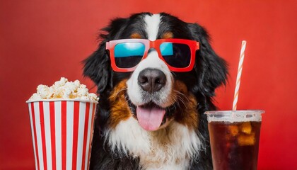 Wall Mural - Funny bernese mountain dog movie lover with 3d glasses, popcorn and soda. Red background