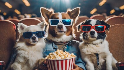 Wall Mural - Pets in 3d glasses is eating popcorn and watching a movie in the cinema