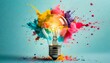 © adobedesigner - Creative concept light bulb explodes with colorful water colors on a light blue background. Think different, creative idea. Productivity and creativity